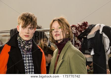 MILAN ITALY - FEBRUARY 22: Gorgeous models pose in the backstage just before Wunderkind show during Milan Women's Fashion Week on FEBRUARY 22 2017 in Milan.