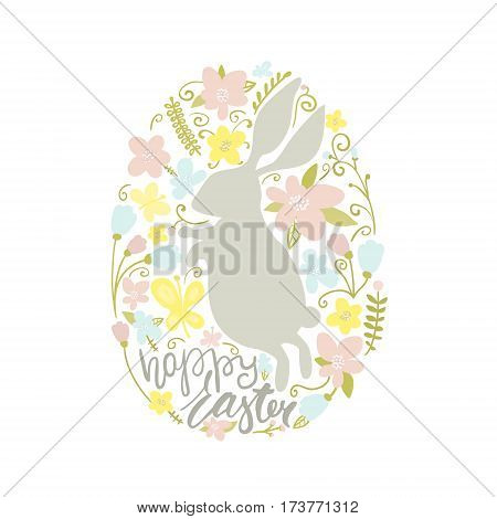 Happy Easter text. Easter rabbit and floral elements inside egg shaped. Greeting Easter background with Cute rabbit. Vector Illustration