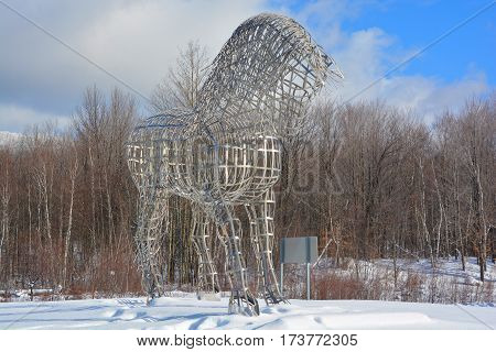 BROMONT QUEBEC CANADA 02 20 2017: By Mathieu Isabelle new statue in Bromont. The home of the Parc equestre Olympique de Bromont, equestrian olympic park.