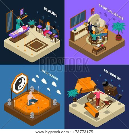 Paranormal abilities isometric compositions with people healing and calling of spirit telekinesis and meditation isolated vector illustration