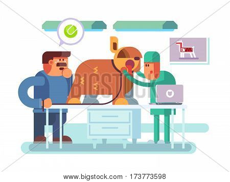 Veterinary clinic visitor and doctor. Animal pet, health and medicine, medical doctor, care dog, vector illustration