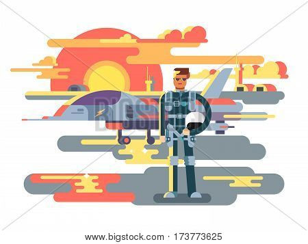 Military pilot man. Aviation and aircraft, airplane and aviator, airman job, vector illustration