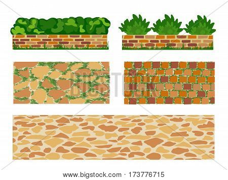 Set of elements for landscape designing. Different options of masonry and garden plants.  Vector illustration. Horizontal  location. Landscaping design.
