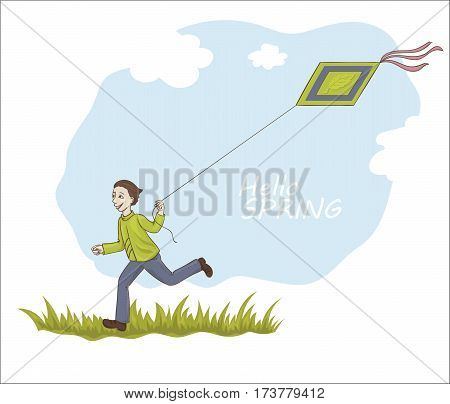 Illustration of a joyful boy running on the grass with kite flying in the sky. Hello spring