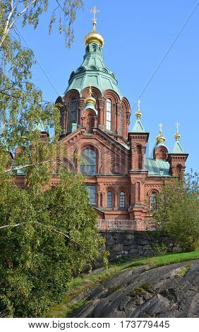 HELSINKI FINLAND SEPTEMBER 26 2105: Uspenski Cathedral is an Eastern Orthodox cathedral in Helsinki, Finland, dedicated to the Dormition of the Theotokos (the Virgin Mary).
