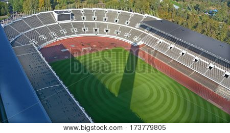 HELSINKI FINLAND SEPTEMBER 25 2015: Inside of the Olympiastadion (Olimpic stadium), located in the Toolo district the largest stadium in the country centre of activities in the 1952 Summer Olympics