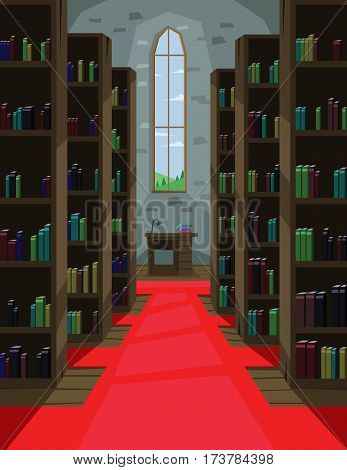 Digital vector abstract background with a library interior with book shelves and red carpet, lamp, table, window, flat triangle style