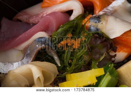 Japanese Food Tekka Don Take Away On Wooden Background