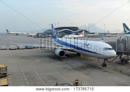 HONG KONG - AUG. 29, 2016: ANA Boeing 767-381ER at Hong Kong International Airport Chek Lap Kok Airport.
