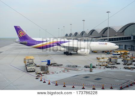 HONG KONG - AUG. 29, 2016: Thailand Airlines Airbus 330-343 at Hong Kong International Airport Chek Lap Kok Airport.
