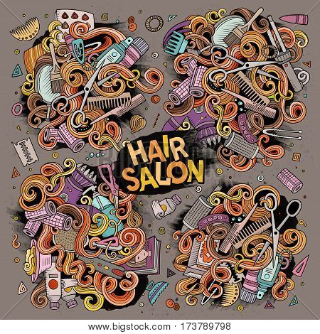 Vector hand drawn doodle cartoon set of Hair salon theme items, objects and symbols