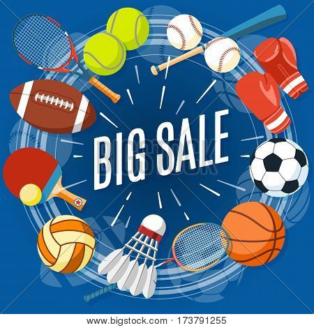 Set of colorful sport balls and gaming items at a blue background. BInscription BIG SALE. Healthy lifestyle tools, elements. Vector Illustration