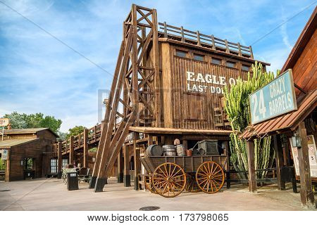 PORT AVENTURA/ SPAIN - MAY 11, 2015.  Attractions Crazy Barrels and Wild Buffalos in the Far West area of theme park Port Aventura in city Salou, Spain.