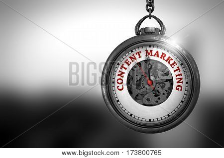 Business Concept: Content Marketing on Pocket Watch Face with Close View of Watch Mechanism. Vintage Effect. Vintage Pocket Clock with Content Marketing Text on the Face. 3D Rendering.
