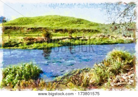 River flowing through a meadow with a grassy hillock in the background
