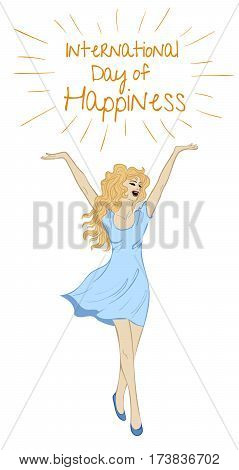 International Day of Happiness. Hand-drawn sketch of happy woman isolated on white