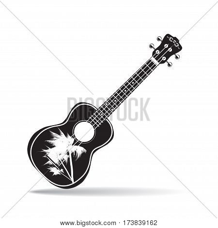 Vector illustration of ukulele isolated on white background. Hawaiian black and white guitar string musical instrument in flat style.