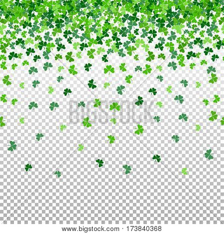 Seamless pattern with shamrock clover falling leaves on transparent background. Endless texture for Saint Patrick s Day design. Art vector illustration.