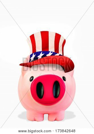Pink piggy bank with Uncle Sam hat and room for your type.