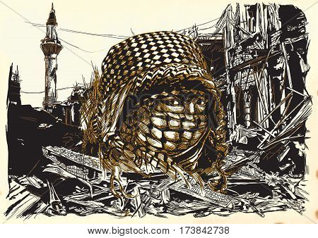 Muslim woman with big eyes wearing a niqab in front of War place. Hand drawn vector illustration. Ruins of an town city. Drawing on paper. Islamic Muslim World. - - Note: This is not a real person - -