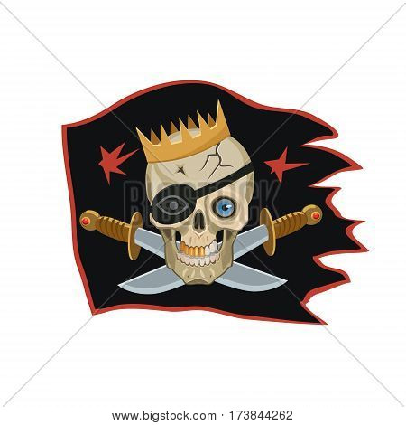 The king of the pirates black flag seeing the eyes on the skull with a black blindfold and a Golden crown knives place of bones