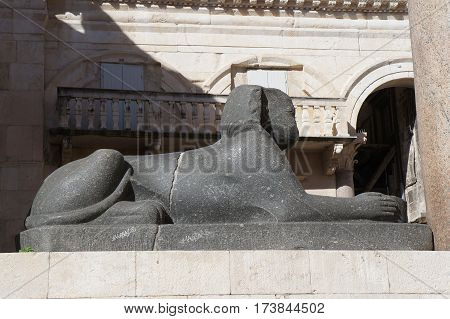 Egyptian granite sphinx in peristil near the Saint Domnius Cathedral in Split, Croatia