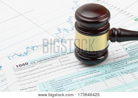 Wooden Judge's Gavel And Calculator Over Some Financial Documents