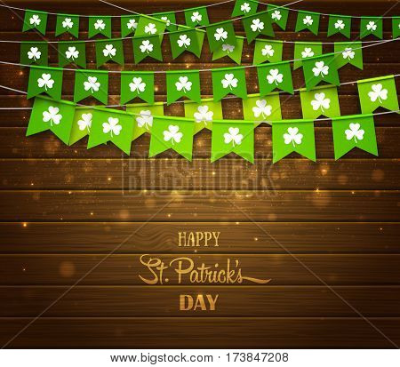 Green festive bunting with clovers on wood background. Irish holiday, celebration party. Happy Saint Patrick's Day backdrop with garlands. Vector illustration for greeting card, poster, banner