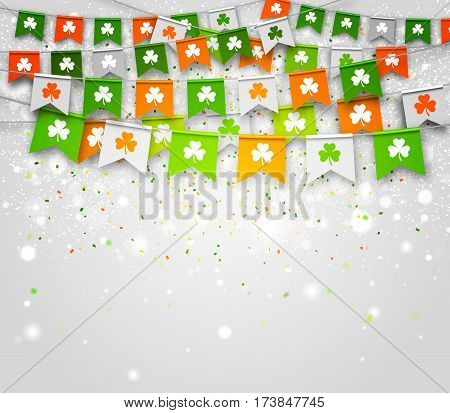 Colorful garlands of flags with clover on light background. Irish holiday - happy Saint Patrick's Day backdrop with garland flags. Vector illustration for greeting card, poster, banner