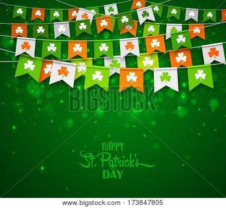 Colorful festive bunting with clover on green background. Irish holiday - happy Saint Patrick's Day backdrop with garland flags. Vector illustration for greeting card, poster, banner