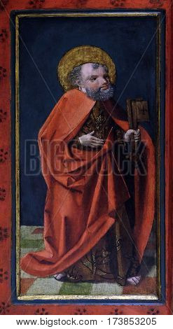 ZAGREB, CROATIA - JUNE 18: St. Peter, the altarpiece from the parish church of St. Vitus in Vrbovec, exhibited in Museum of Arts and Crafts in Zagreb, on June 18, 2015.