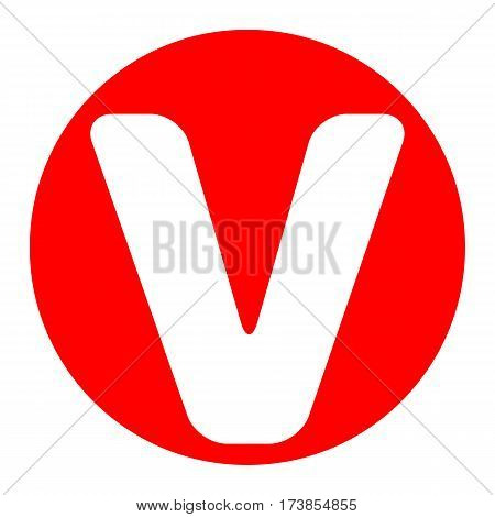 Letter V sign design template element. Vector. White icon in red circle on white background. Isolated.