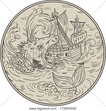 Drawing sketch style illustration of an ancient sea monster attacking devouring a sailing ship in turbulent sea ocean water set inside circle.