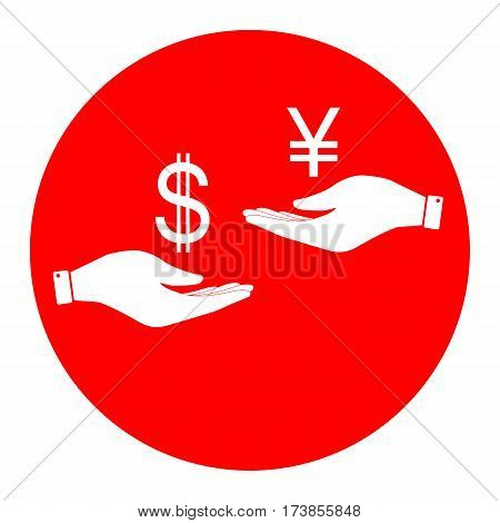 Currency exchange from hand to hand. Dollar and Yen. Vector. White icon in red circle on white background. Isolated.