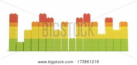 3d rendering of multi-colored toy bricks making up high uneven towers or graphs on white background. Toys and games. Leisure and recreation.
