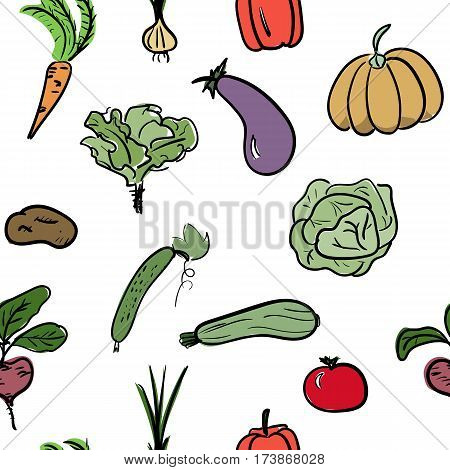 Hand drawn sketch watercolor vegetable seamless pattern. Organic healthy food vector illustration