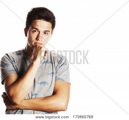 young attractive real man isolated thinking emotional on white close up gesturing smiling
