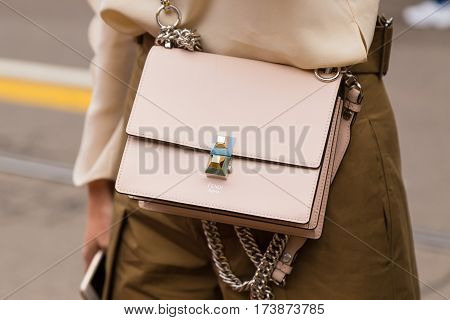 MILAN ITALY - FEBRUARY 23: Detail of bag outside Fendi fashion show during Milan Women's Fashion Week on FEBRUARY 23 2017 in Milan.