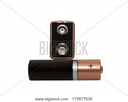 Two different batteries, type AAA, type PP3, white background, isolated