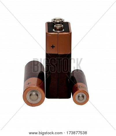 Three different battery, type AAA, type AA, type PP3, white background, isolated