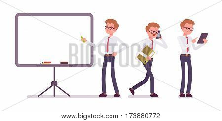 Set of young smiling male office clerk in a formal wear, standing near empty whiteboard, walking, talking on phone, copyspace, presentation of information, full length, isolated, white background