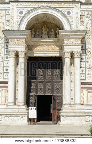 Pavia, Italy - 14 June 2015: Entrance door of Certosa at Pavia medieval church and monastery in Pavia Italy