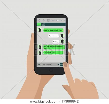 Hands holding smart phone. Social network concept. Vector. Messenger window. Chating and messaging concept.