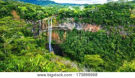 Beautiful waterfall in National park of Mauritius Chamarel