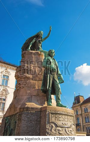 LJUBLJANA SLOVENIA - FEBRUARY 19 2017: Preseren monument in Ljubljana bronze statue of the Slovene national poet France Preseren in the capital of Slovenia. It is among the best-known Slovenian monuments.