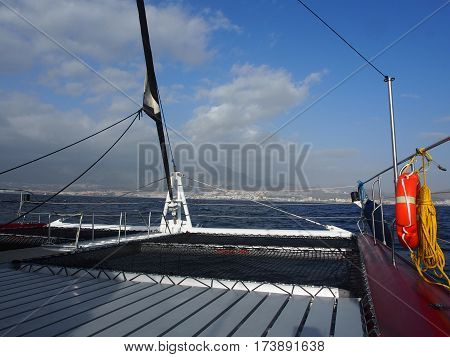 Katamaran Sailing boat deck on the water, Tenerife, Spain
