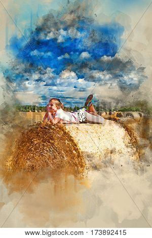 Cute young girl having fun on haystack. Stacks of straw - bales of hay rolled into stacks left after harvesting of wheat ears agricultural farm field with gathered crops rural. Digital watercolor painting
