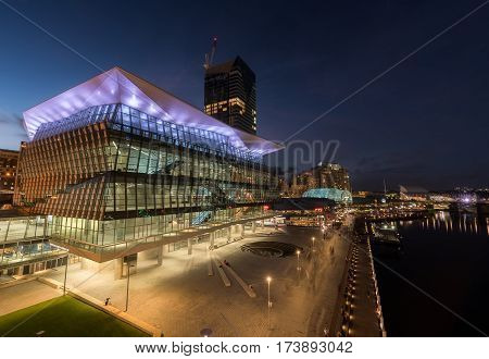 SYDNEY AUSTRALIA - February 28 2017 : Night scene of Darling Harbour adjacent to the city center of Sydney and also a recreational place in Sydney central business district