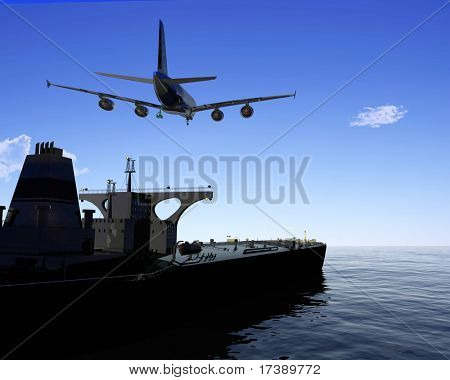 The cargo ship and plane on a background of the sea