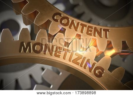 Content Monetizing - Illustration with Glowing Light Effect. Content Monetizing Golden Metallic Cog Gears. 3D Rendering.